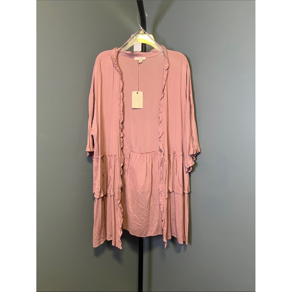 easel Oversized Dusty Rose Ruffle Open Front Lightweight Cardigan